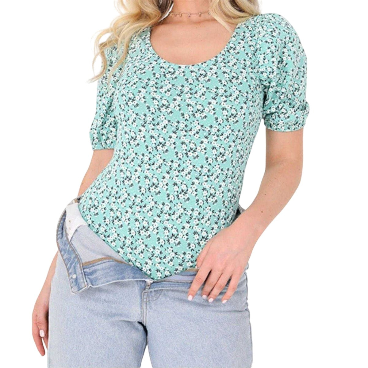 Green - Side - Brave Soul Womens-Ladies Ditsy Floral Puff Sleeve Bodysuit