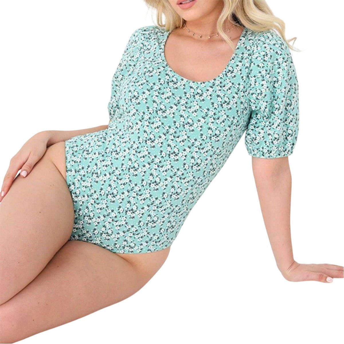 Green - Front - Brave Soul Womens-Ladies Ditsy Floral Puff Sleeve Bodysuit