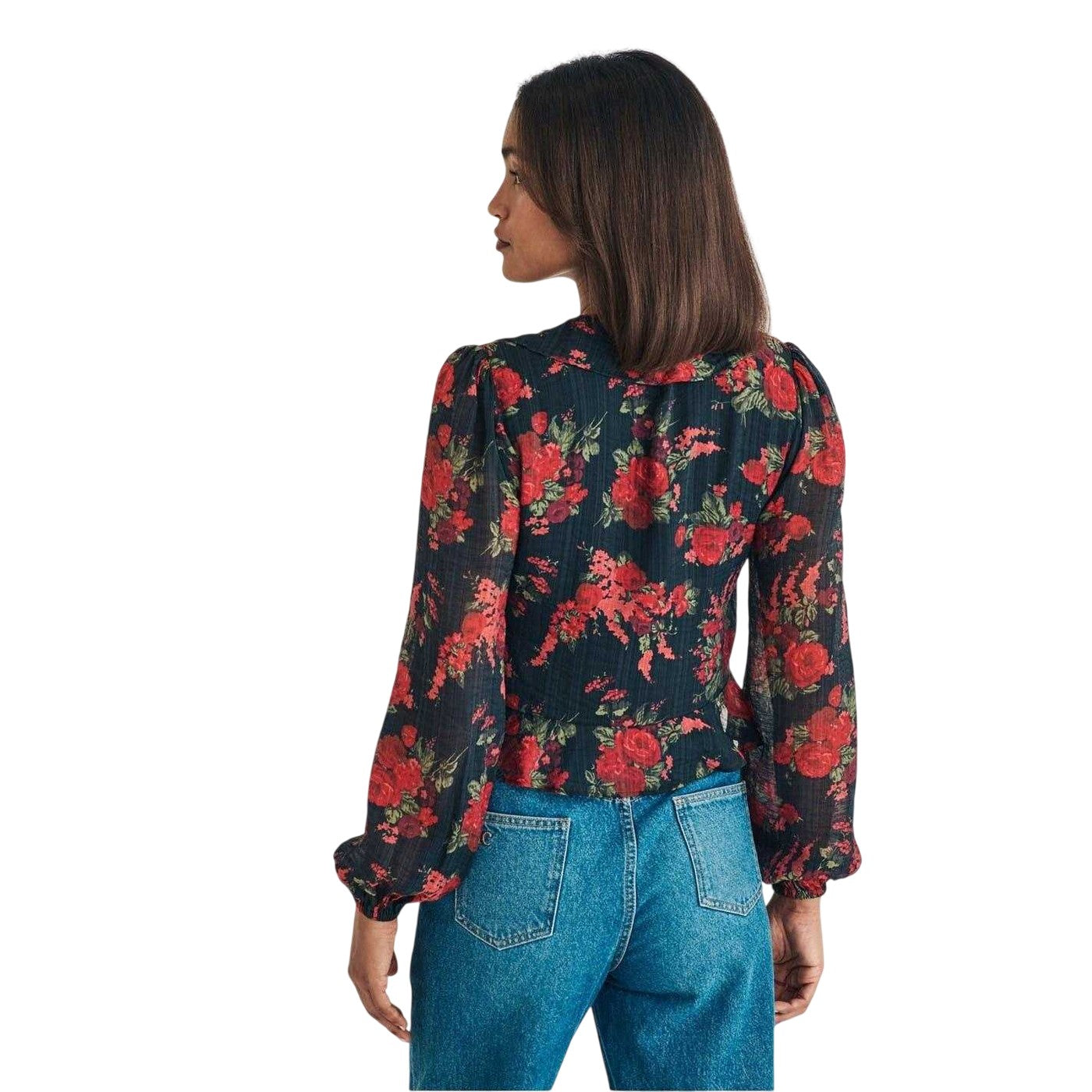 Brown - Back - Nobody´s Child Womens-Ladies Floral Plunge Relaxed Fit Puff Sleeve Blouse