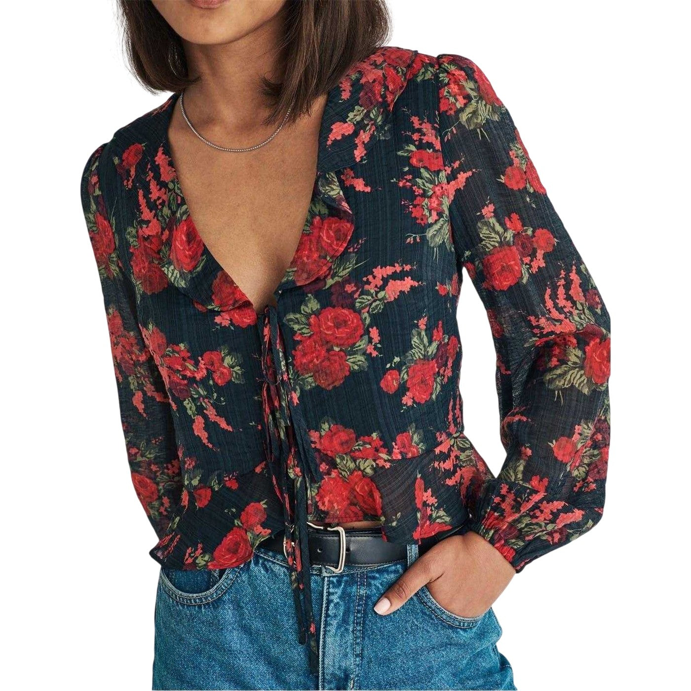 Brown - Side - Nobody´s Child Womens-Ladies Floral Plunge Relaxed Fit Puff Sleeve Blouse