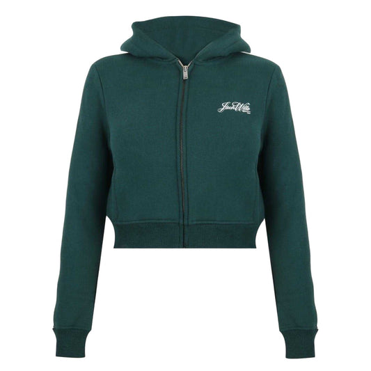 Green-White - Front - Jack Wills Womens-Ladies Script Cropped Full Zip Hoodie