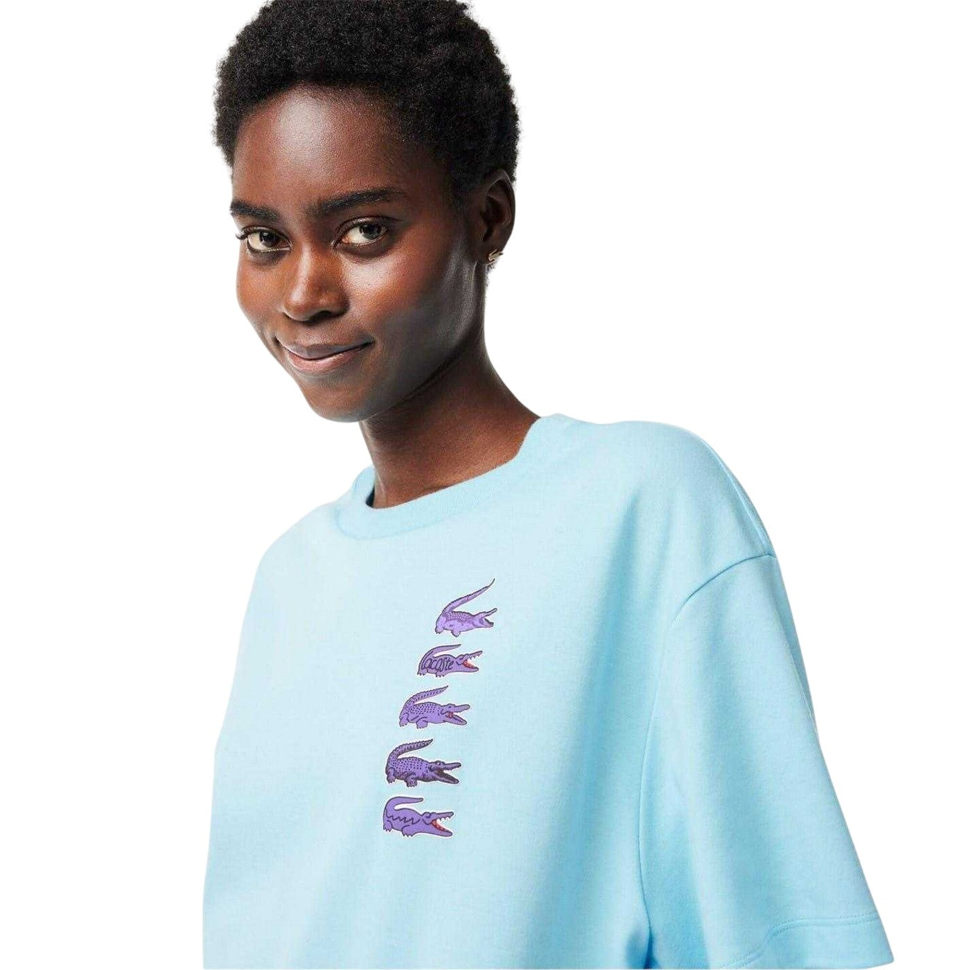 Blue - Side - Lacoste Womens-Ladies Crocodile Print Oversized T-Shirt