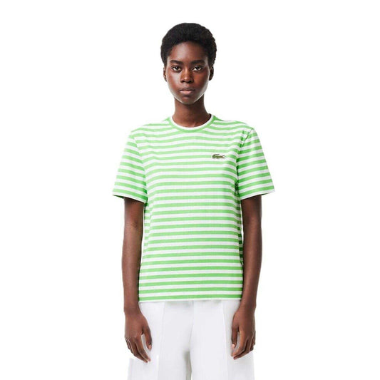 Cream-Green - Front - Lacoste Womens-Ladies Striped Loose Fit T-Shirt
