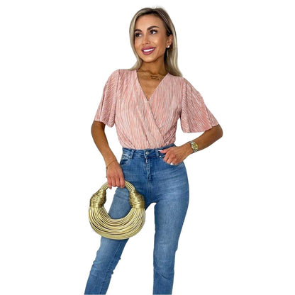 Champagne - Side - AX Paris Womens-Ladies Plisse Butterfly Sleeve Bodysuit