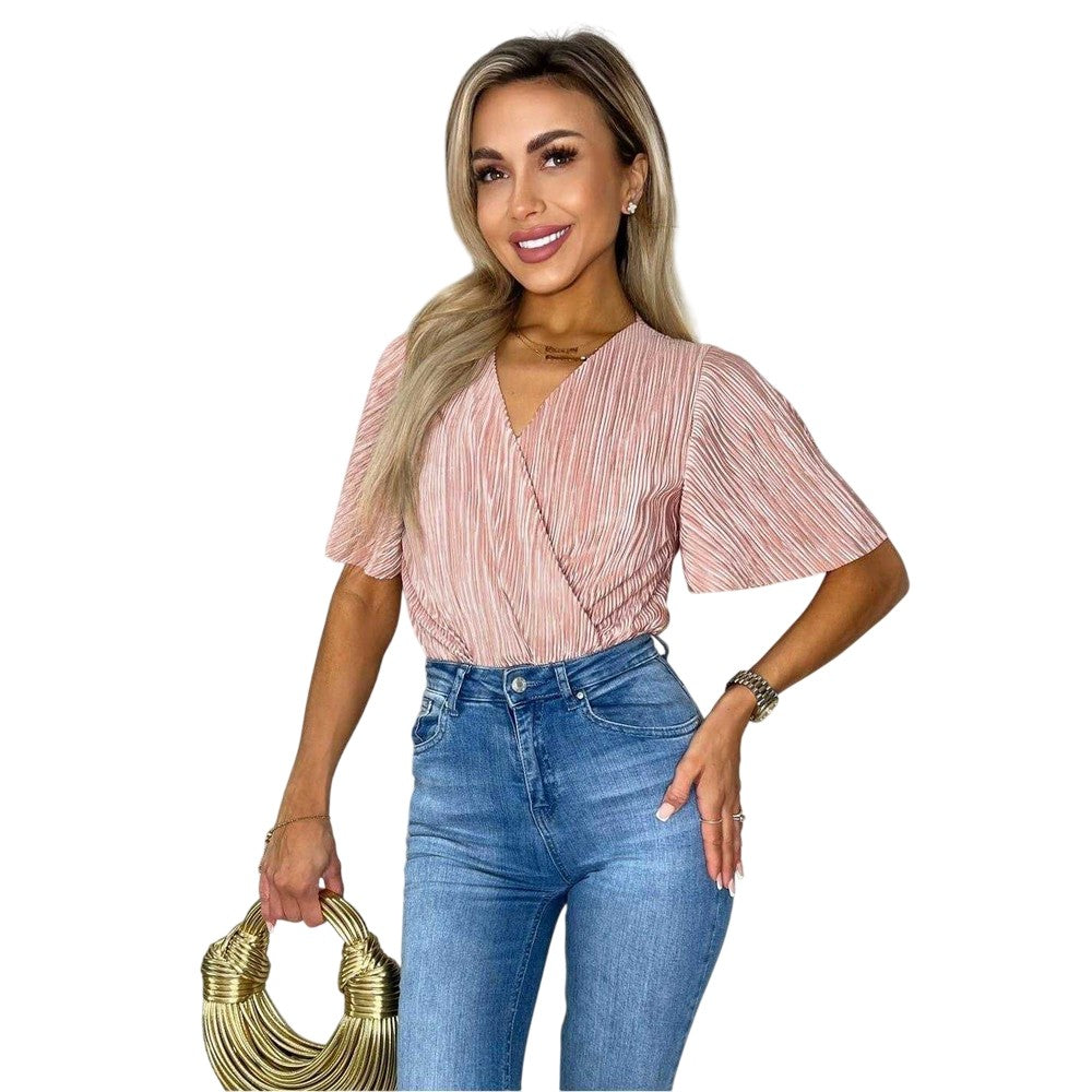 Champagne - Front - AX Paris Womens-Ladies Plisse Butterfly Sleeve Bodysuit