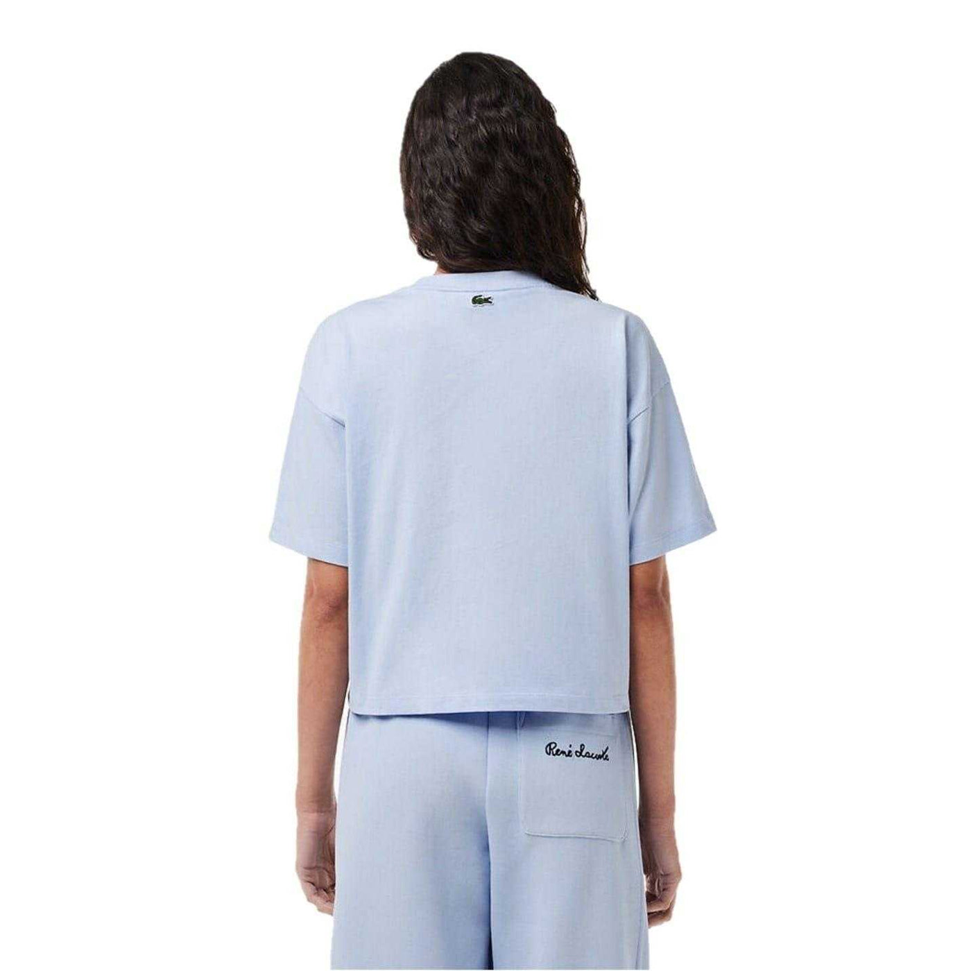 Blue - Back - Lacoste Womens-Ladies Logo Crew Neck Crop T-Shirt