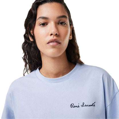 Blue - Side - Lacoste Womens-Ladies Logo Crew Neck Crop T-Shirt