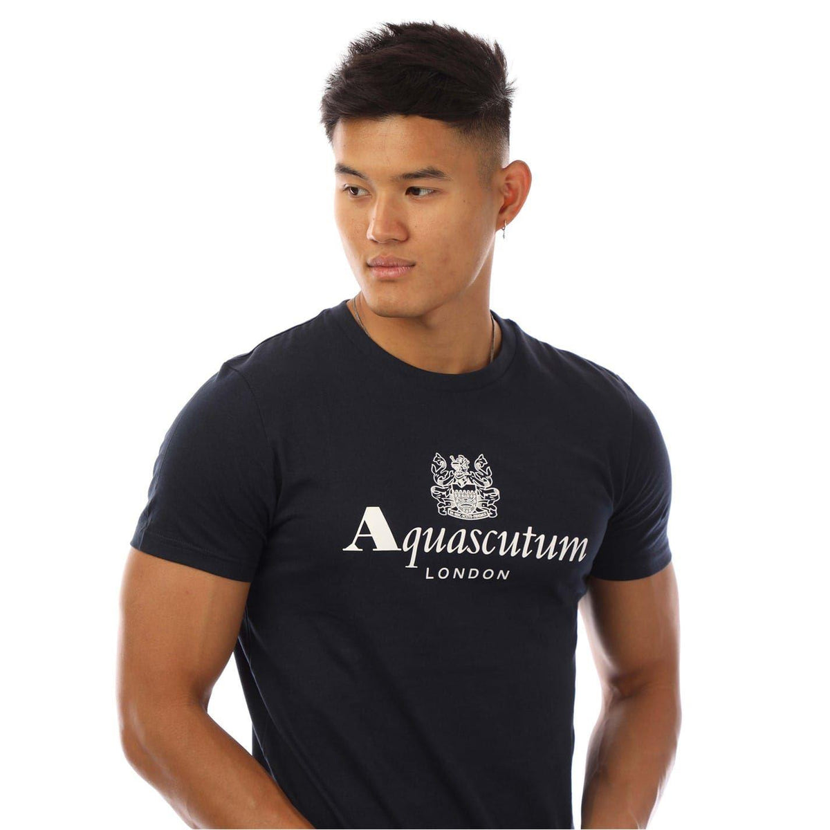 Navy-White - Side - Aquascutum Mens Logo Crew Neck Regular T-Shirt
