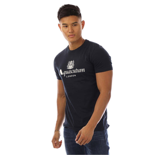 Navy-White - Front - Aquascutum Mens Logo Crew Neck Regular T-Shirt