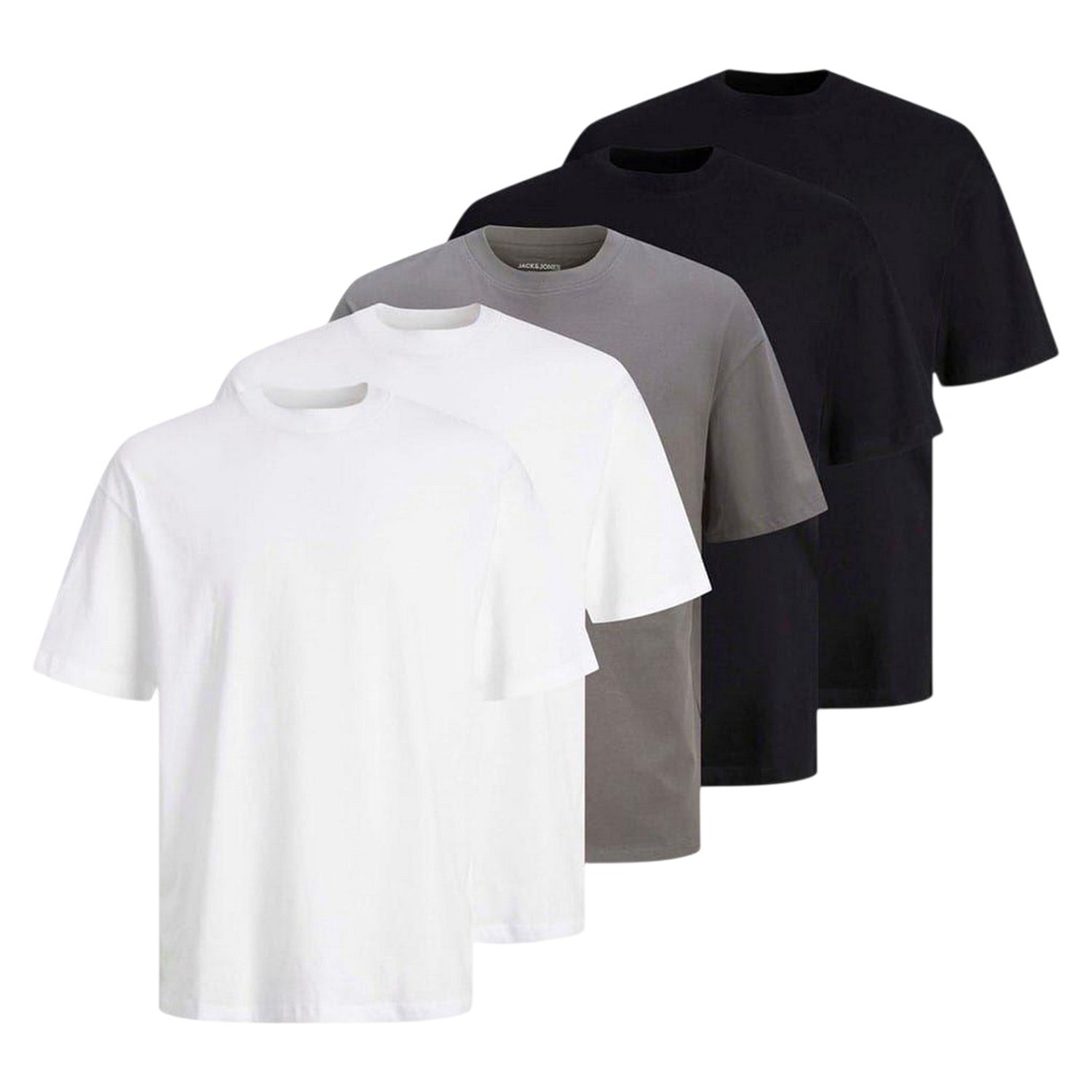 White-Grey-Black - Front - Jack And Jones Mens Loose Fit T-Shirt (Pack of 5)