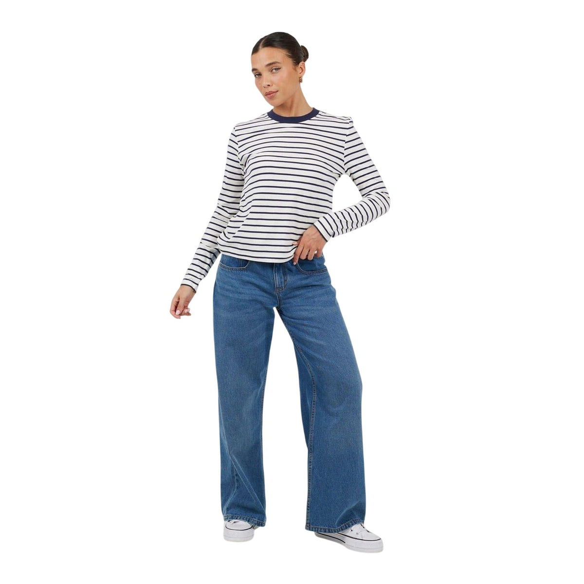 White-Black - Side - Brave Soul Womens-Ladies Striped Long-Sleeved T-Shirt