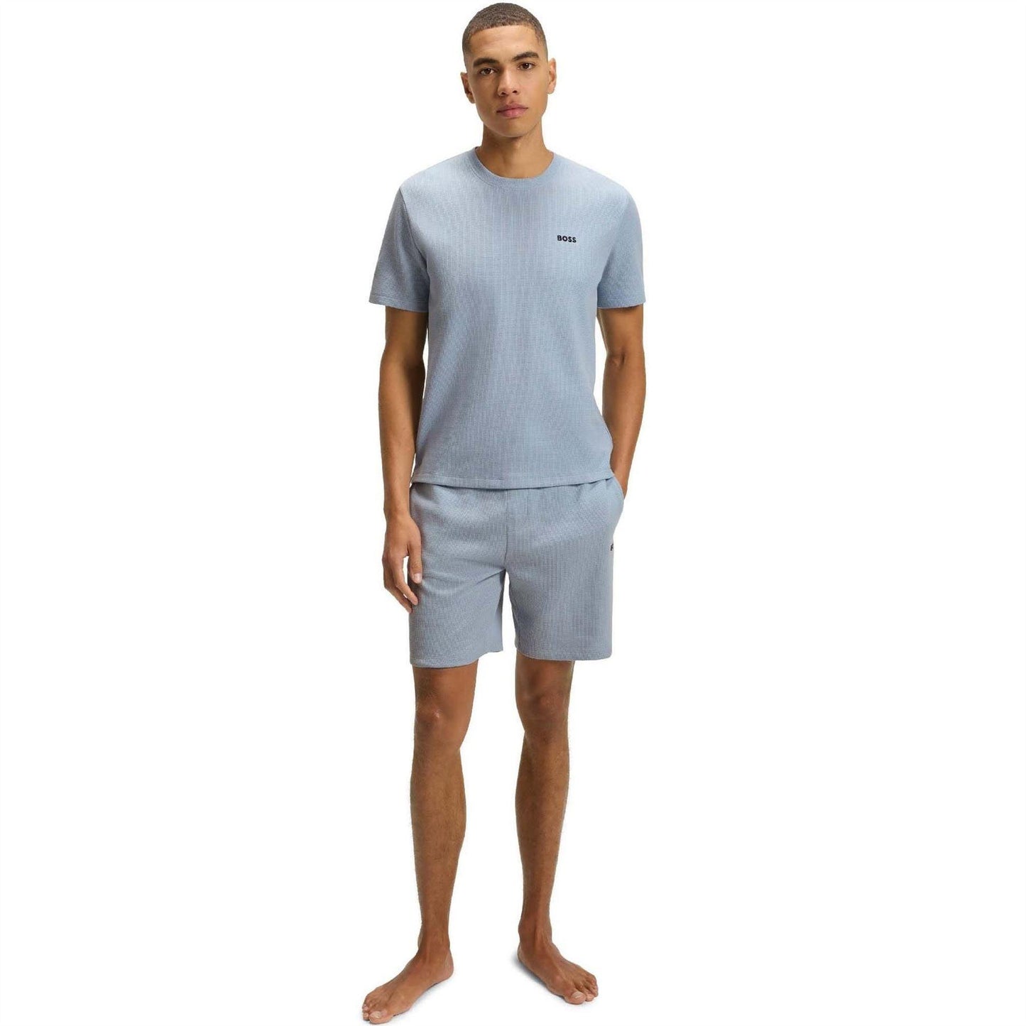 Blue - Side - Boss Mens Waffle Pyjama Top