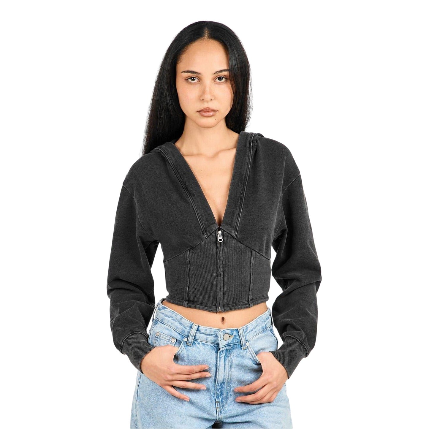 Black - Side - Good American Womens-Ladies Jeanius Crop Hoodie