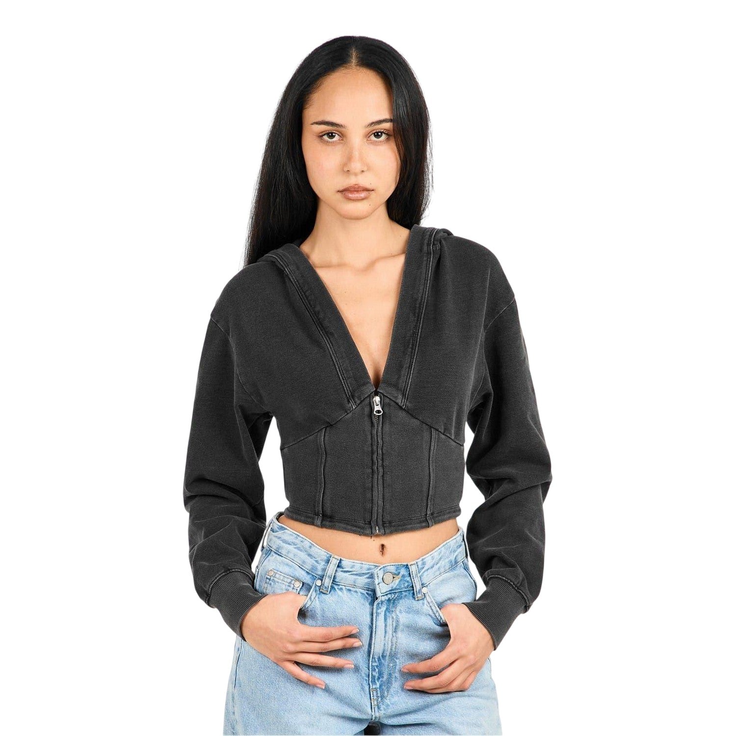 Black - Side - Good American Womens-Ladies Jeanius Crop Hoodie