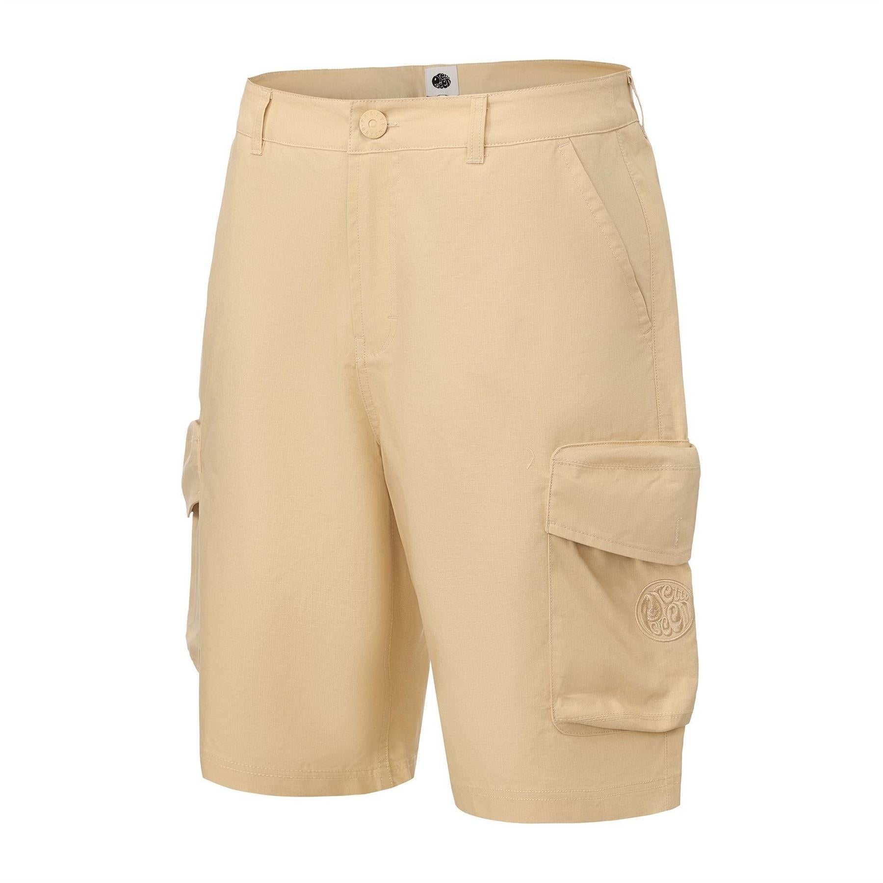 Beige - Side - Pretty Green Mens Cotton Reinforced Tailored Casual Cargo Shorts