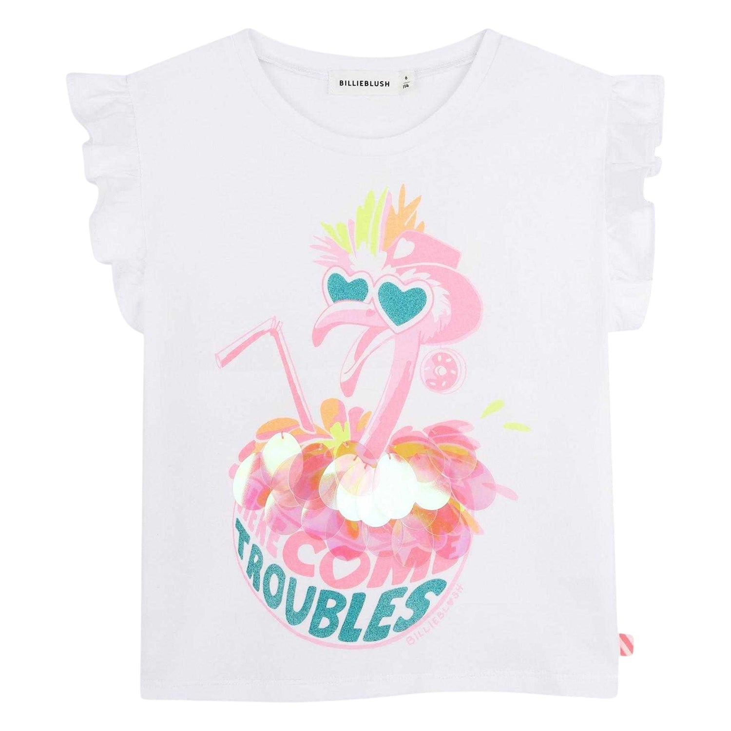 White - Front - Billieblush Girls Flamingo T-Shirt