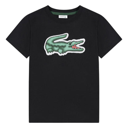 Black - Front - Lacoste Childrens-Kids Puffy Logo Regular T-Shirt