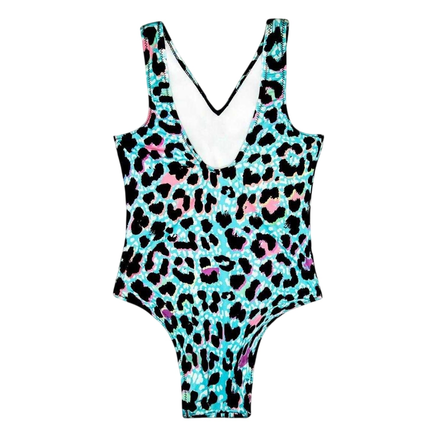 Multicoloured - Back - Hype Girls Neon Leopard Print One Piece Swimsuit