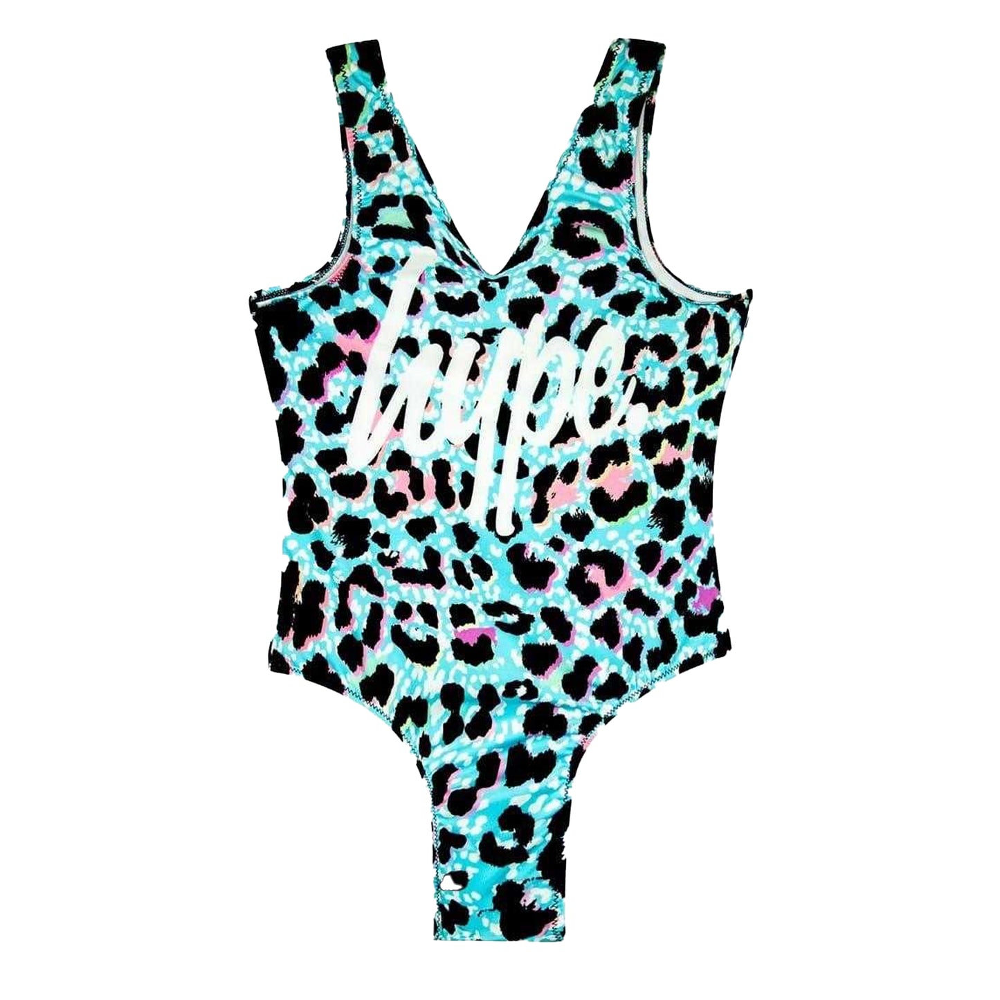 Multicoloured - Front - Hype Girls Neon Leopard Print One Piece Swimsuit