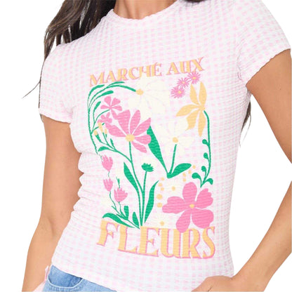 Pink - Side - I Saw It First Womens-Ladies Floral Gingham Slim T-Shirt