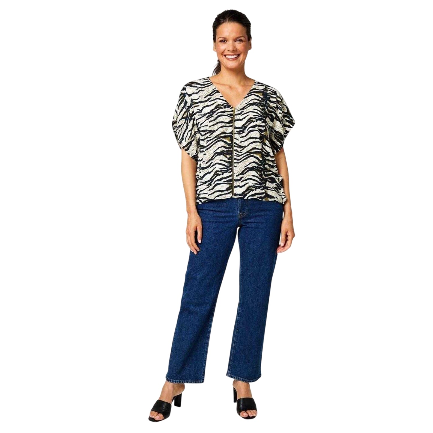 Black-White - Side - Biba Womens-Ladies Zebra Print Zip Front Top