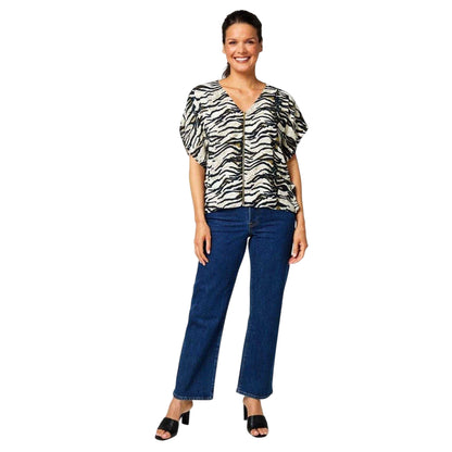 Black-White - Side - Biba Womens-Ladies Zebra Print Zip Front Top