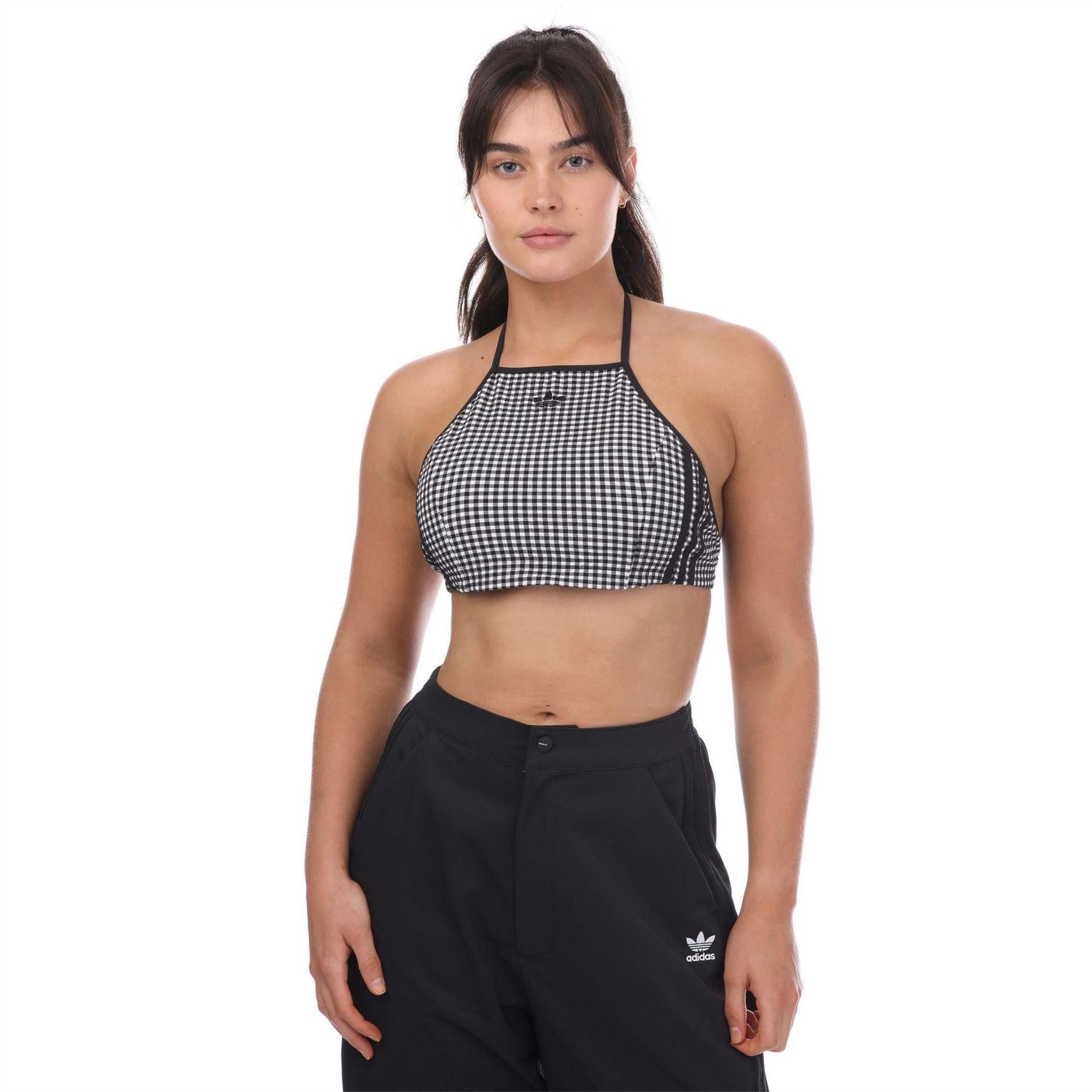 White-Black - Front - Adidas Womens-Ladies Originals Gingham Cropped Halter Top