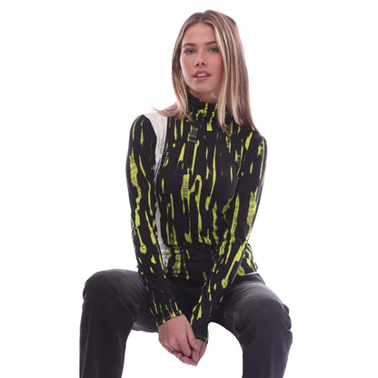 Yellow-Black - Side - Ambush Womens-Ladies Abstract Turtle Neck Fitted Long-Sleeved Top