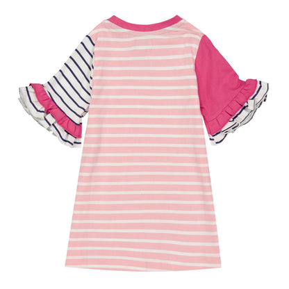 Pink - Back - Lilly & Sid Girls Horizontal Stripe Regular Ruffle Dress