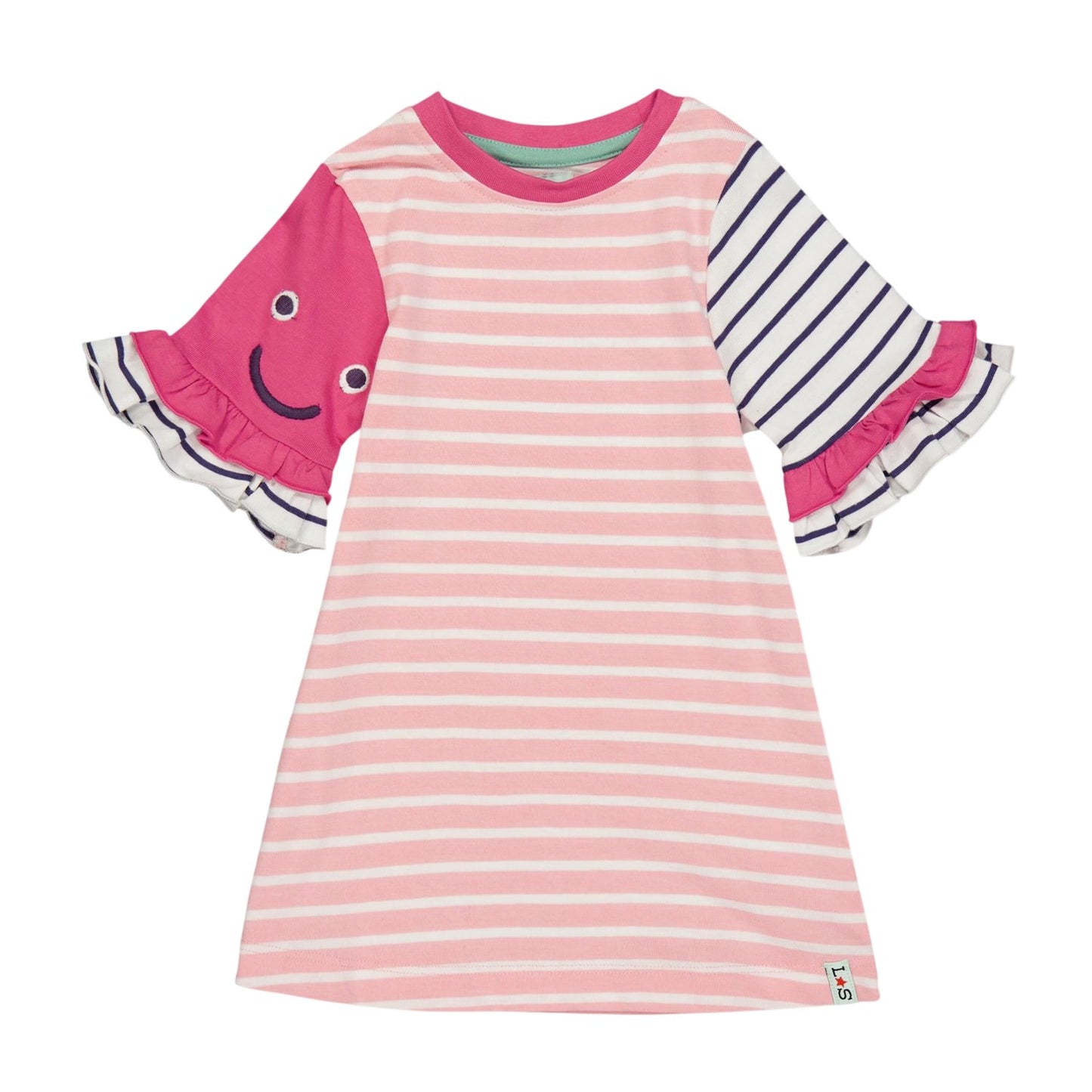 Pink - Front - Lilly & Sid Girls Horizontal Stripe Regular Ruffle Dress