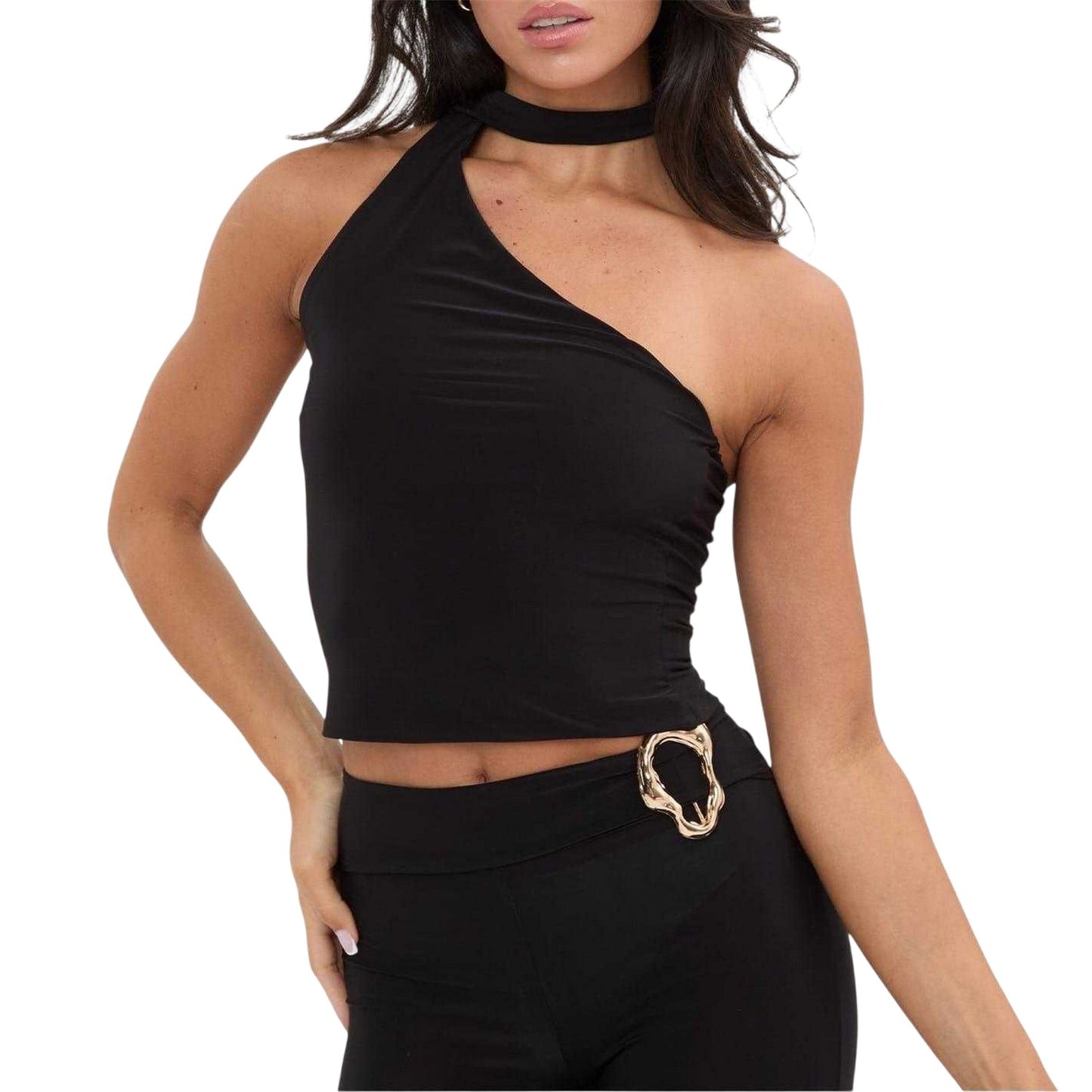 Black - Front - I Saw It First Womens-Ladies Silky One Shoulder Crop Top