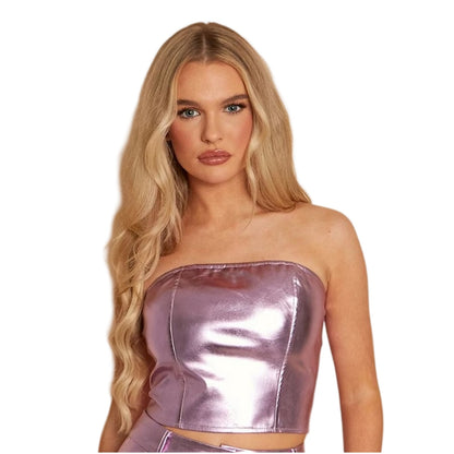 Pink - Front - Missy Empire Womens-Ladies Faux Leather Cropped Corset Top