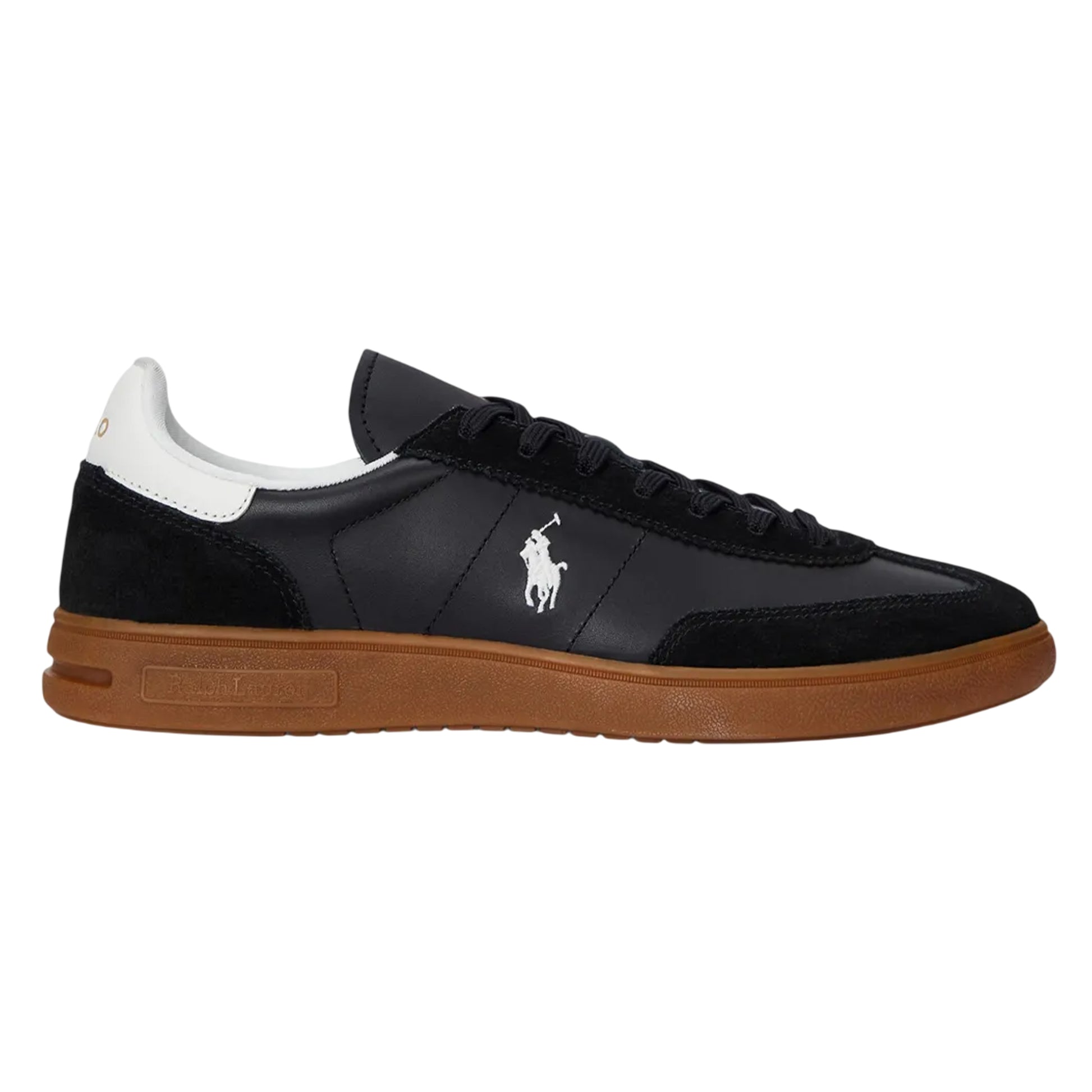 Black-Gum - Side - Ralph Lauren Mens Embroidered Logo Leather Flat Trainers
