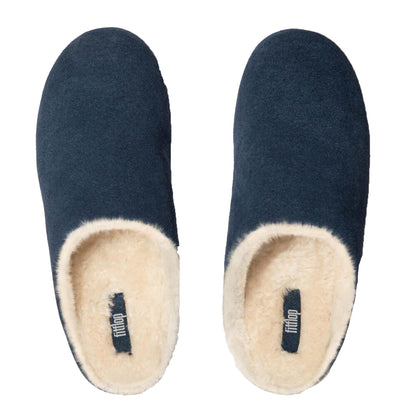 Navy - Side - FitFlop Womens-Ladies Chrissie Suede Shearling Slippers