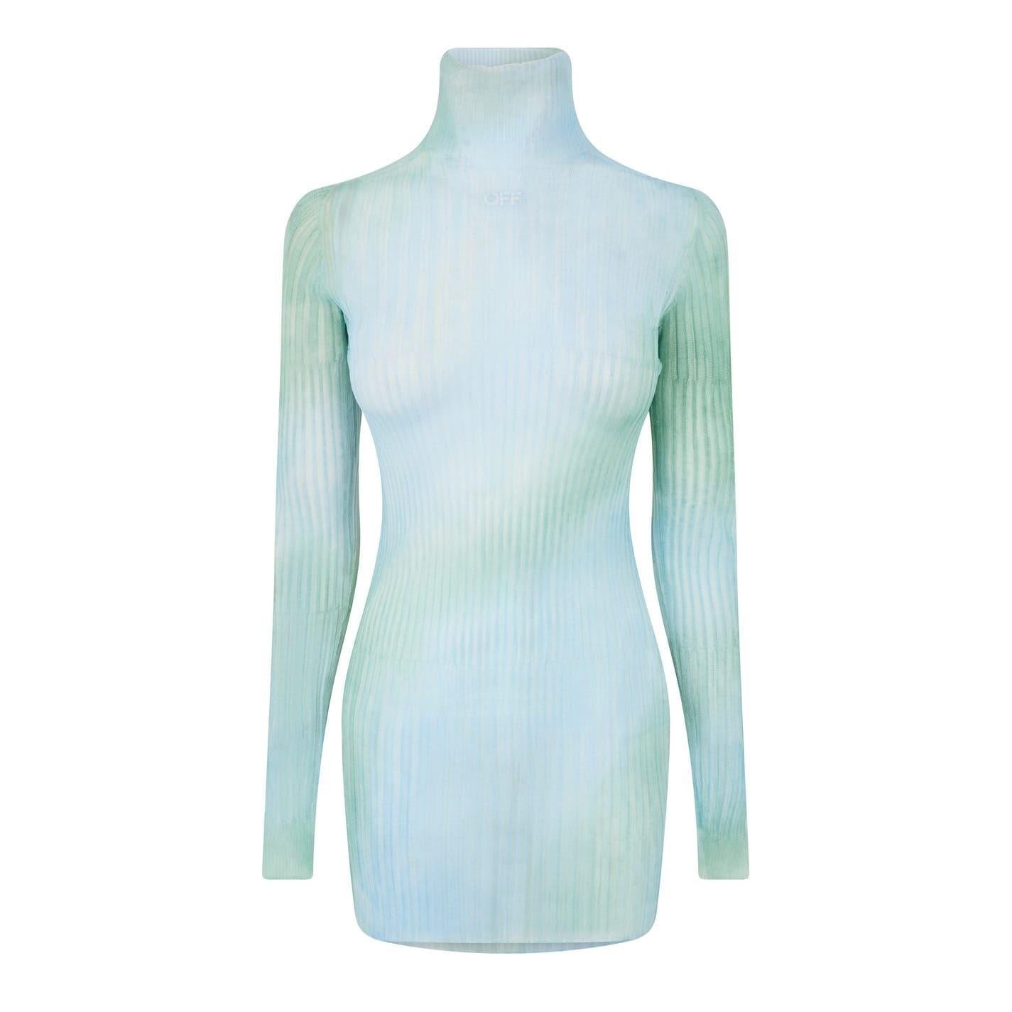 Light Blue - Front - Off White Womens-Ladies Tie Dye Bodycon Long-Sleeved Mini Dress