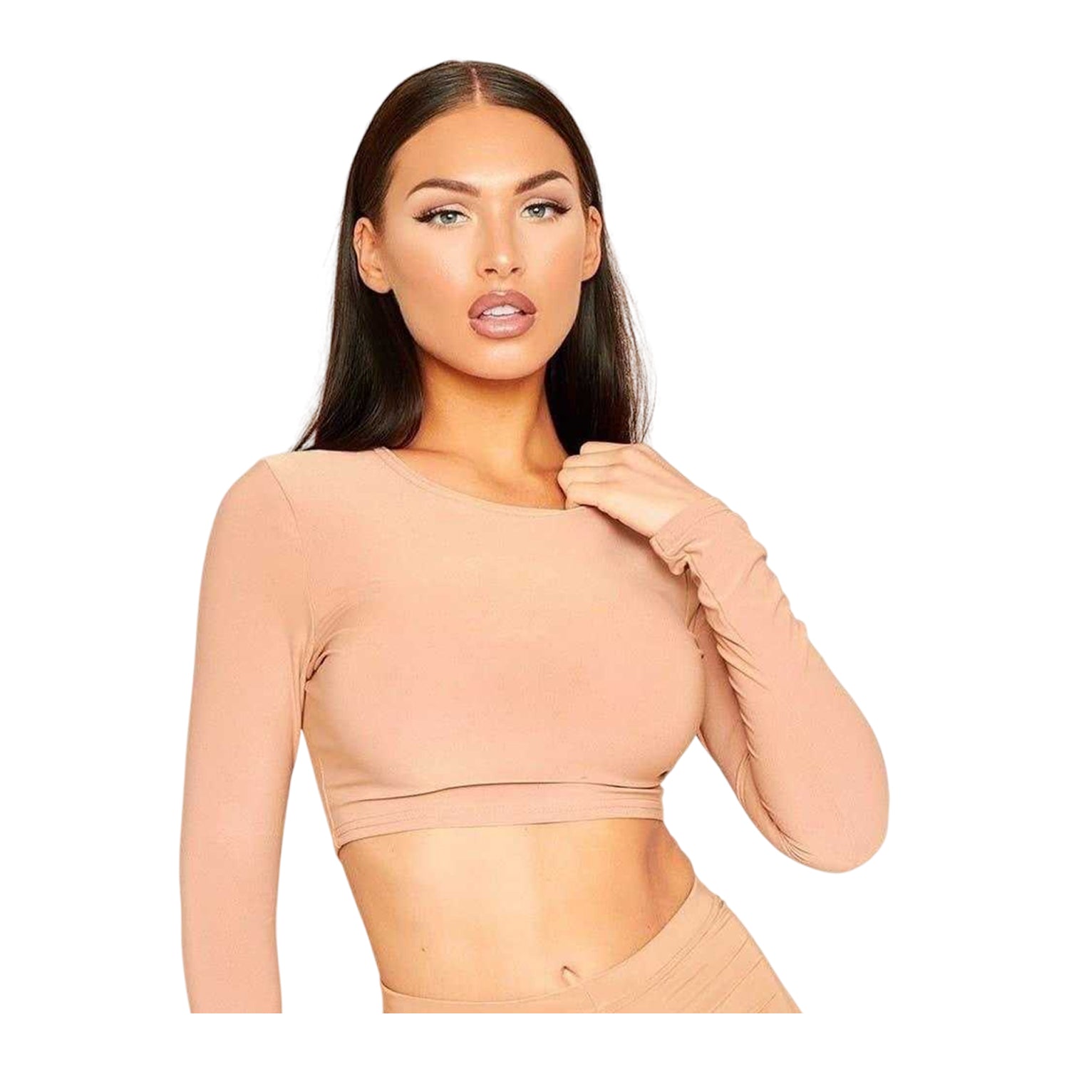 Camel - Back - Missy Empire Womens-Ladies Crew Neck Long-Sleeved Crop Top