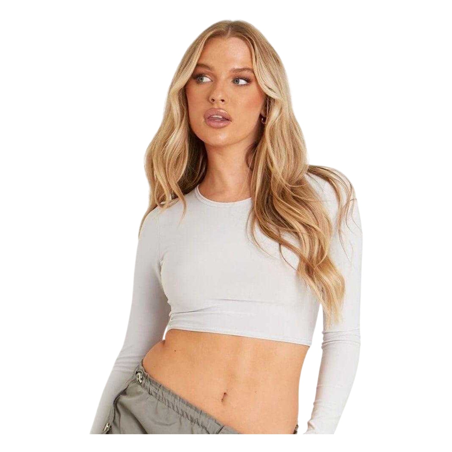 Grey - Back - Missy Empire Womens-Ladies Crew Neck Long-Sleeved Crop Top