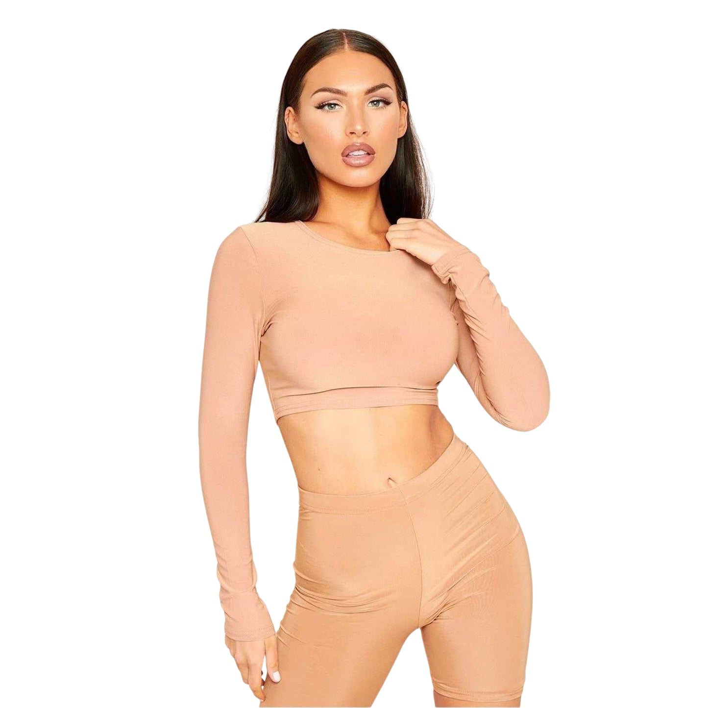 Camel - Front - Missy Empire Womens-Ladies Crew Neck Long-Sleeved Crop Top