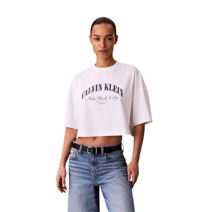 Bright White - Side - Calvin Klein Womens-Ladies Arched Logo Boxy Oversized Crop Top