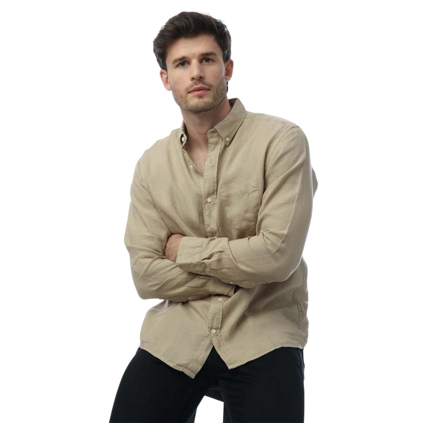 Beige - Side - Gant Mens Linen Garment Dyed Regular Shirt