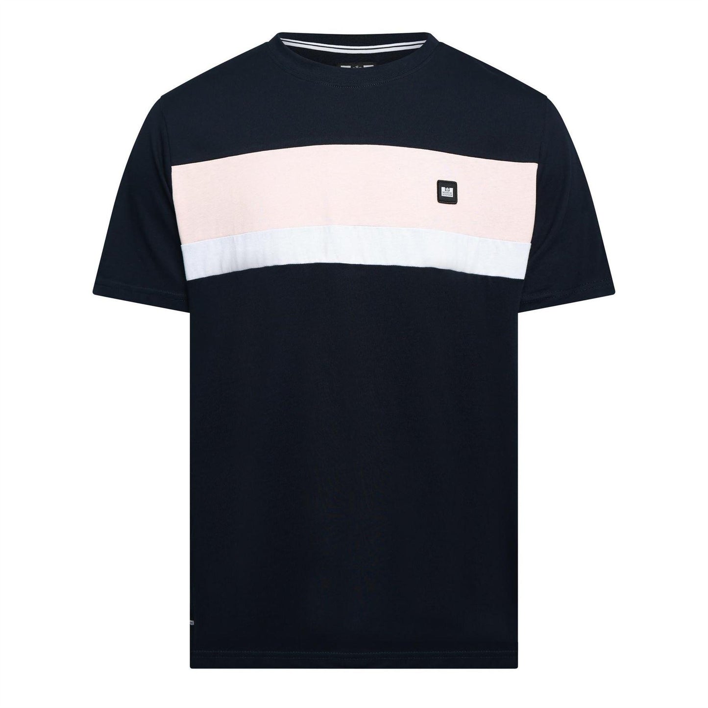Navy-Pale Blush-White - Front - Weekend Offender Mens Crossword Chest Stripe Regular T-Shirt