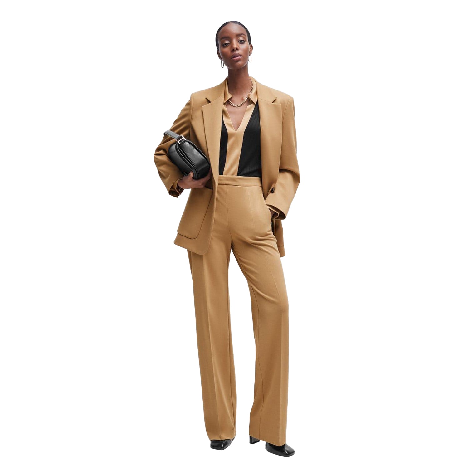 Black-Gold - Pack Shot - Boss Womens-Ladies Elanty Ribbed Long-Sleeved Blouse