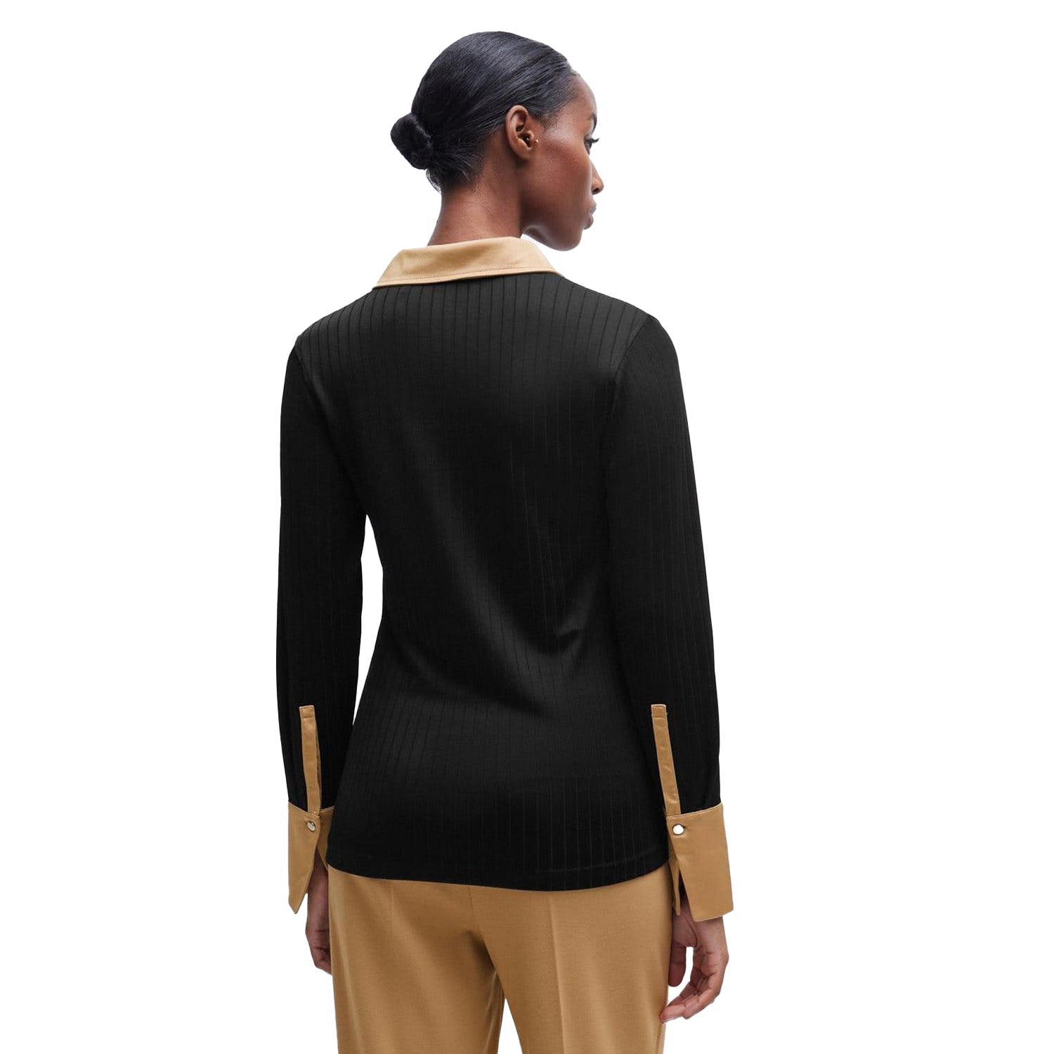 Black-Gold - Back - Boss Womens-Ladies Elanty Ribbed Long-Sleeved Blouse