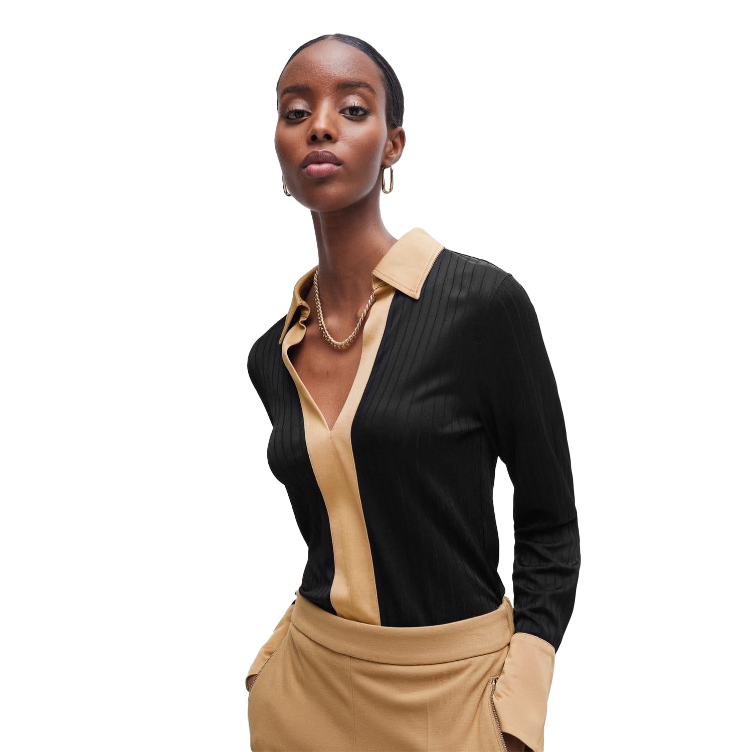 Black-Gold - Lifestyle - Boss Womens-Ladies Elanty Ribbed Long-Sleeved Blouse