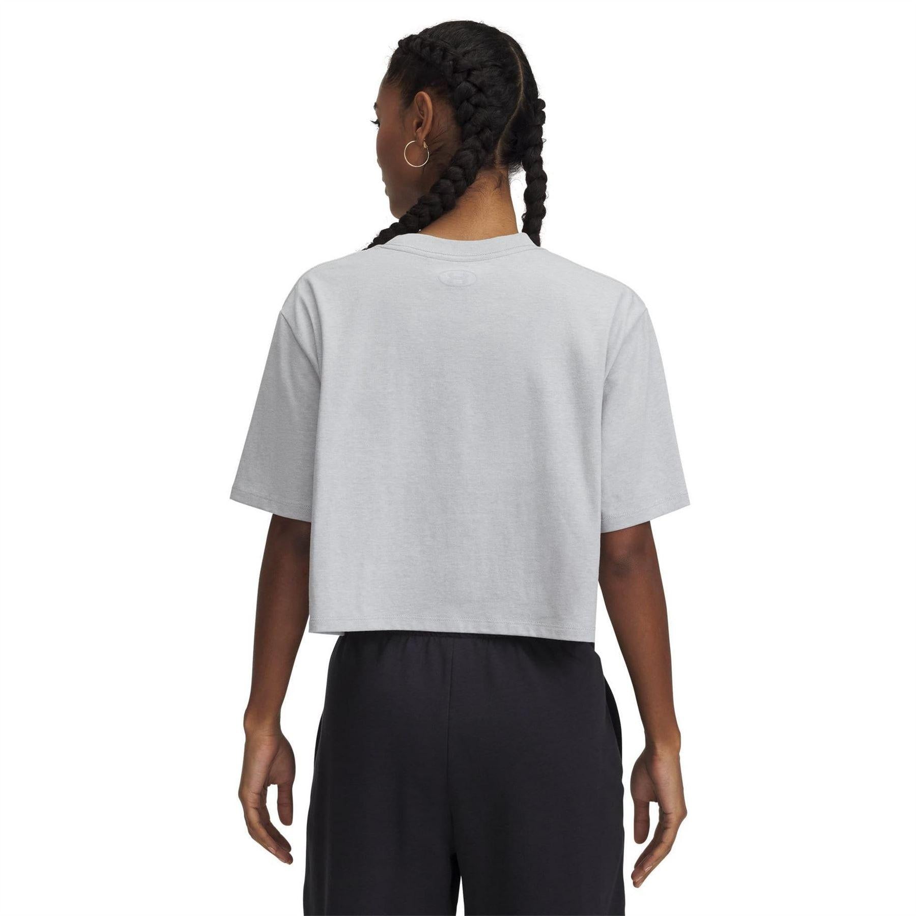 Grey - Back - Under Armour Womens-Ladies Rival Plain Cropped Loose T-Shirt