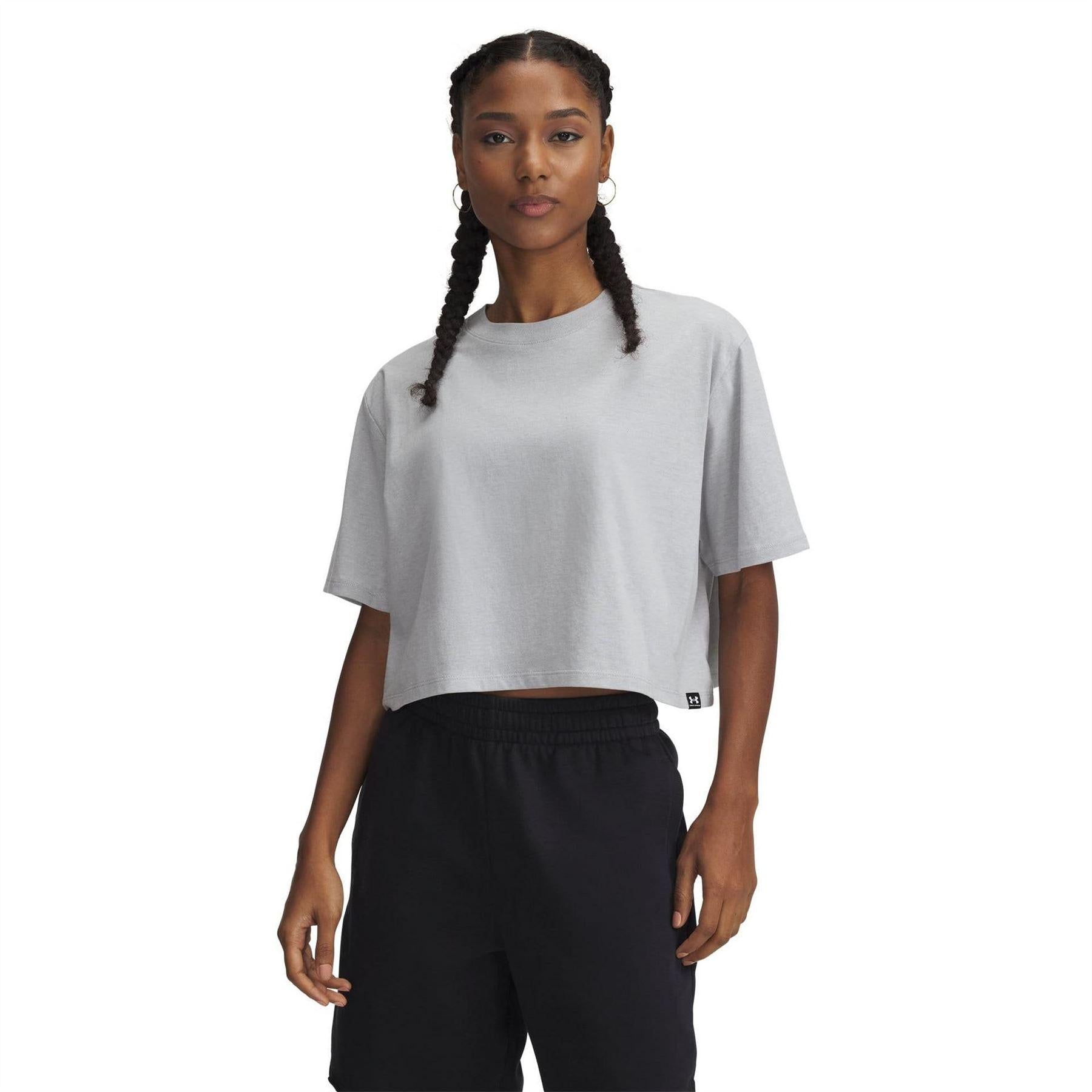 Grey - Front - Under Armour Womens-Ladies Rival Plain Cropped Loose T-Shirt