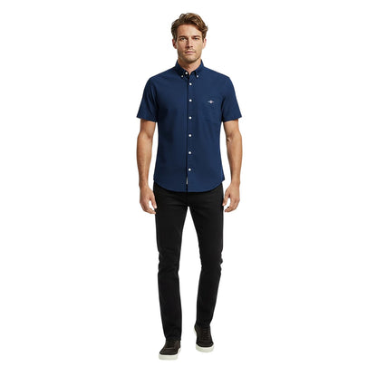 Marine Blue - Side - Gant Mens Classic Logo Poplin Short-Sleeved Shirt