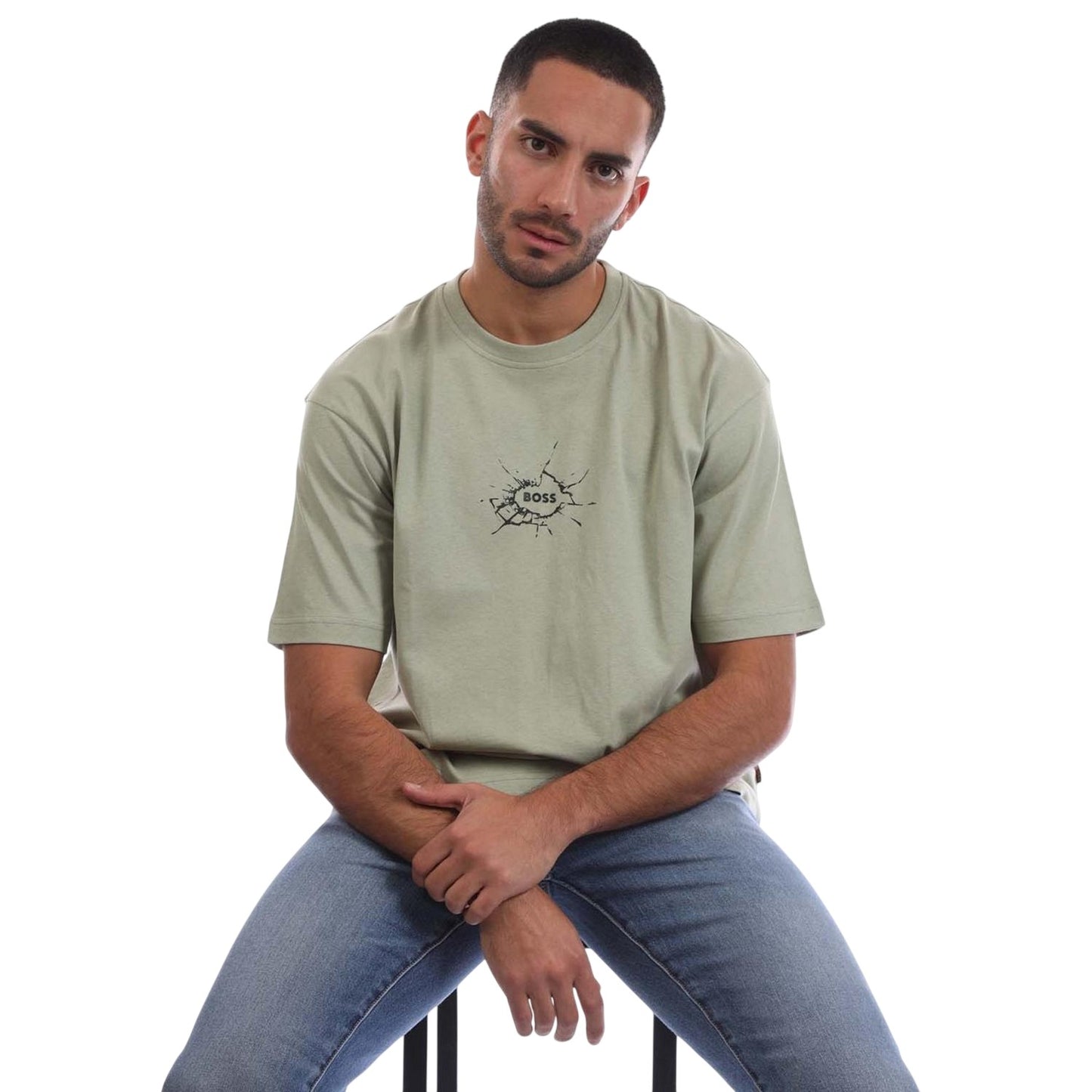 Green - Side - Boss Mens Logo Cotton Crew Neck T-Shirt