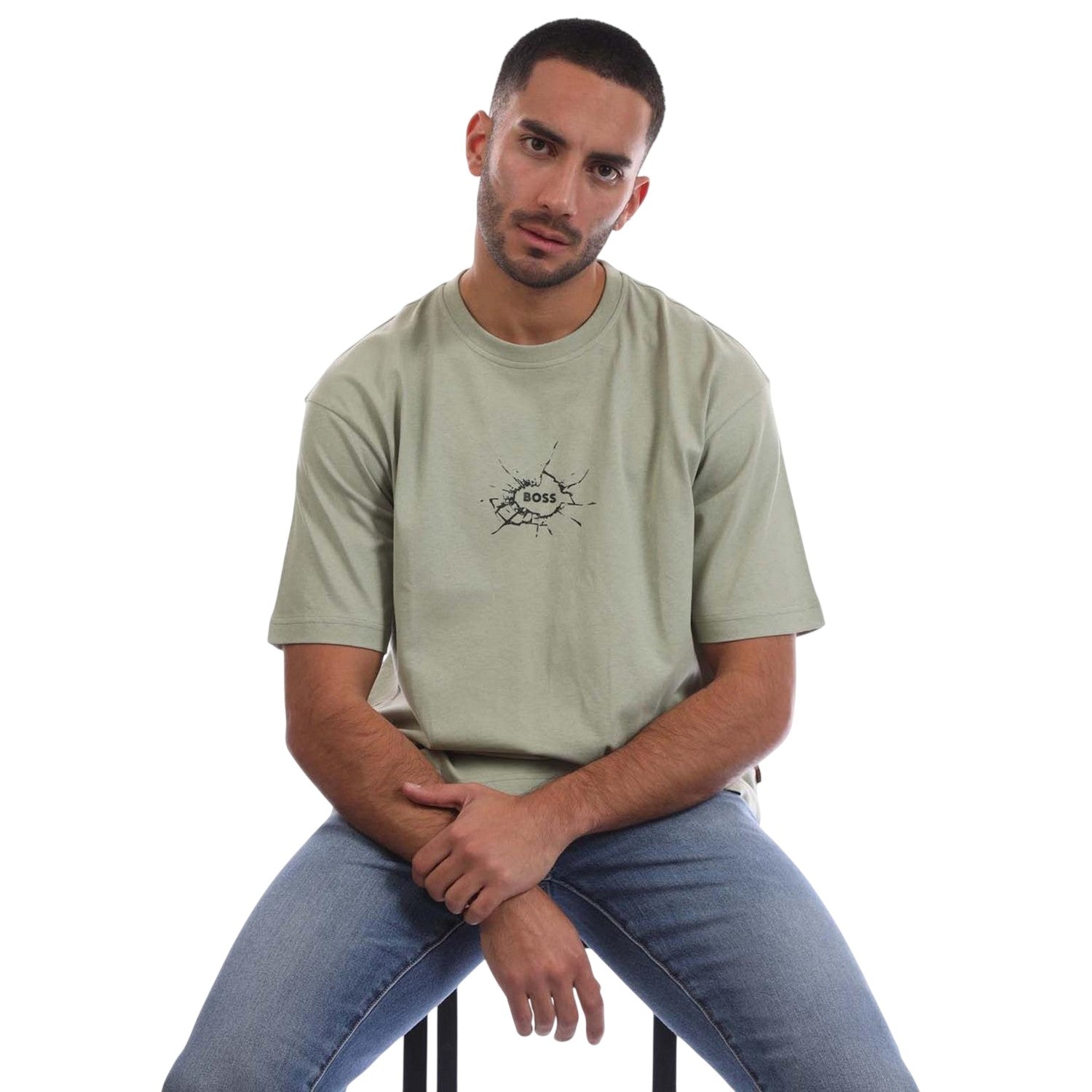 Green - Side - Boss Mens Logo Cotton Crew Neck T-Shirt