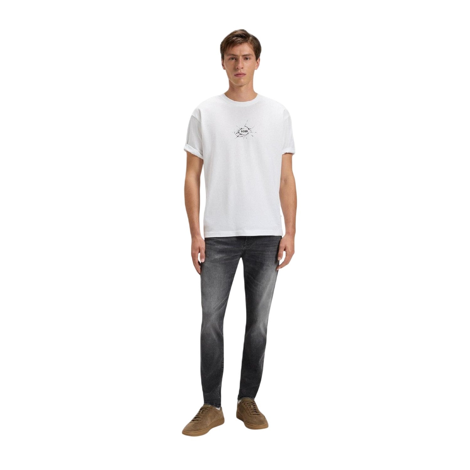White - Side - Boss Mens Logo Cotton Crew Neck T-Shirt